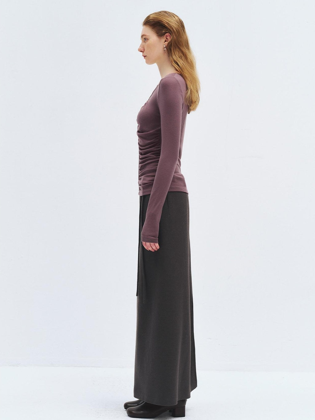 someonesometimes Lyocell Wool Slim Fit V-neck Knit Women Fig Purple Long Sleeve T-Shirts