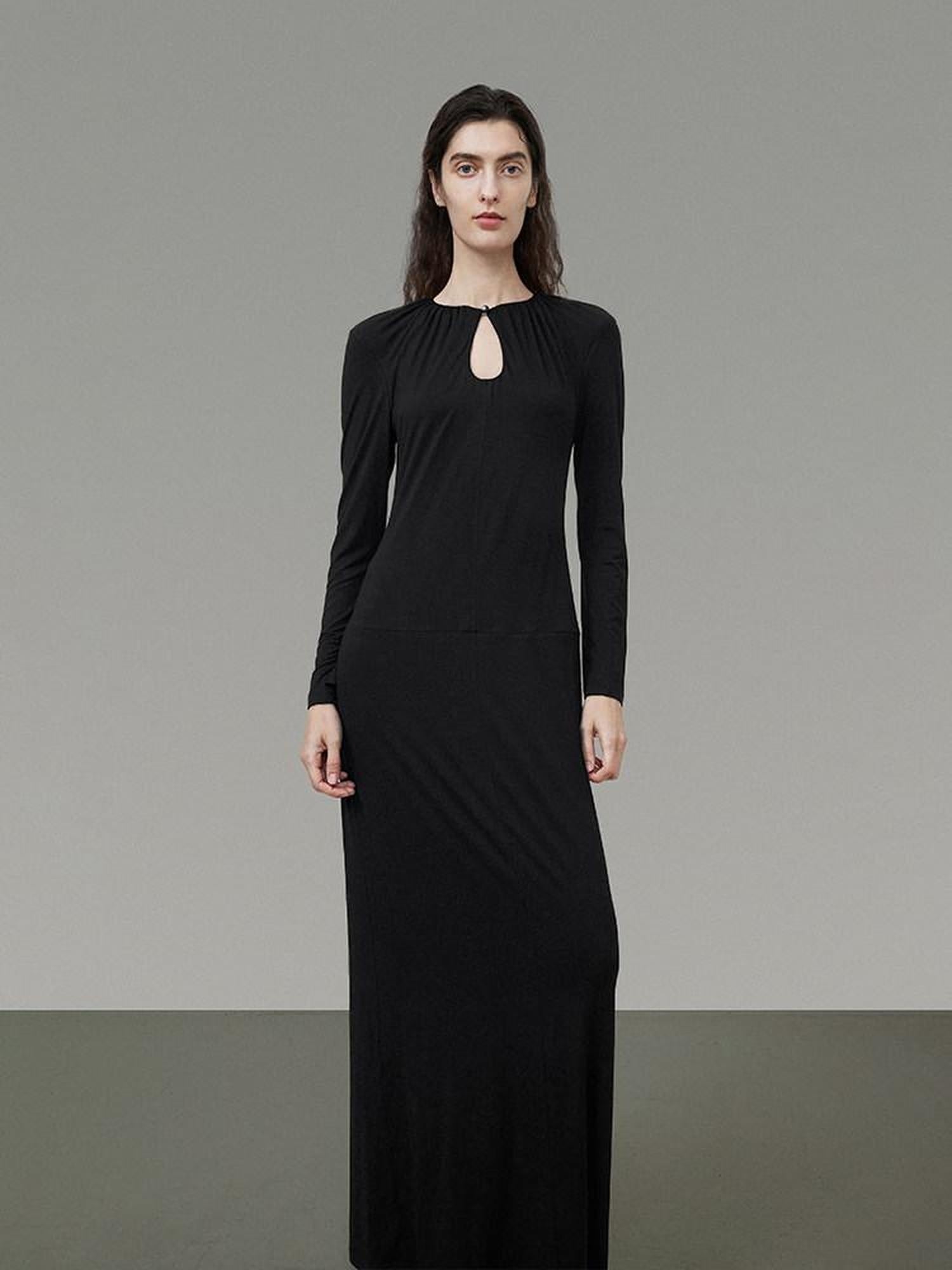 unspoken Waist Cinch Commuter Long Sleeve Drop Neck Black Womens Hline Maxi Dresses