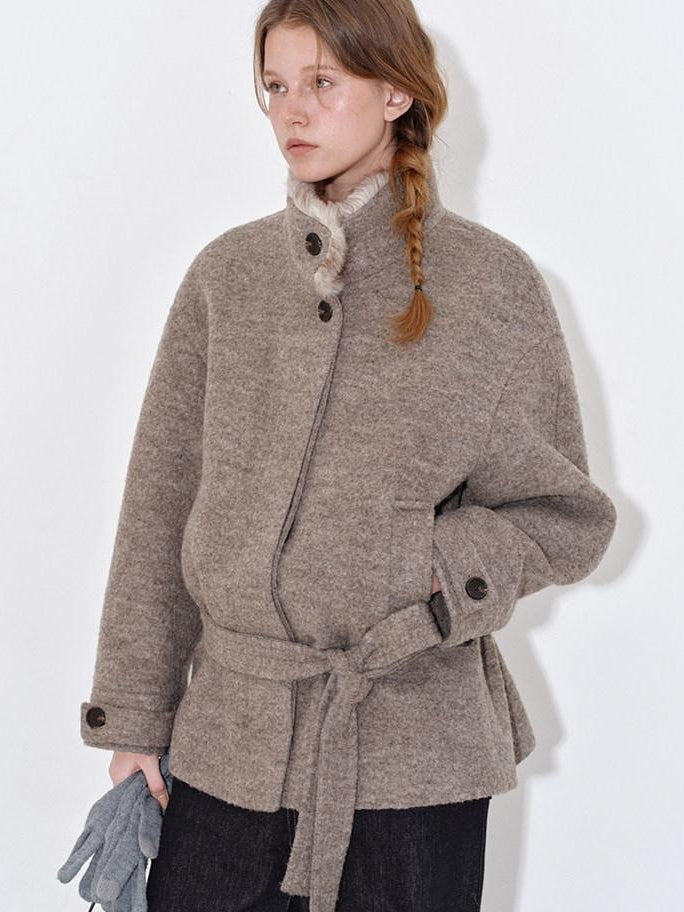 fano 70 Wool 30 Polyester Light Brown Women Korean Commuter Stand Collar Wool Coats