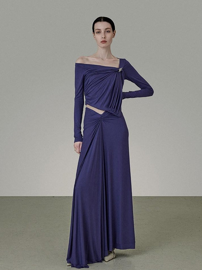 unspoken Button Slim Minimalist Office Workwear Long Sleeve Women Blue Top & Skirt Sets