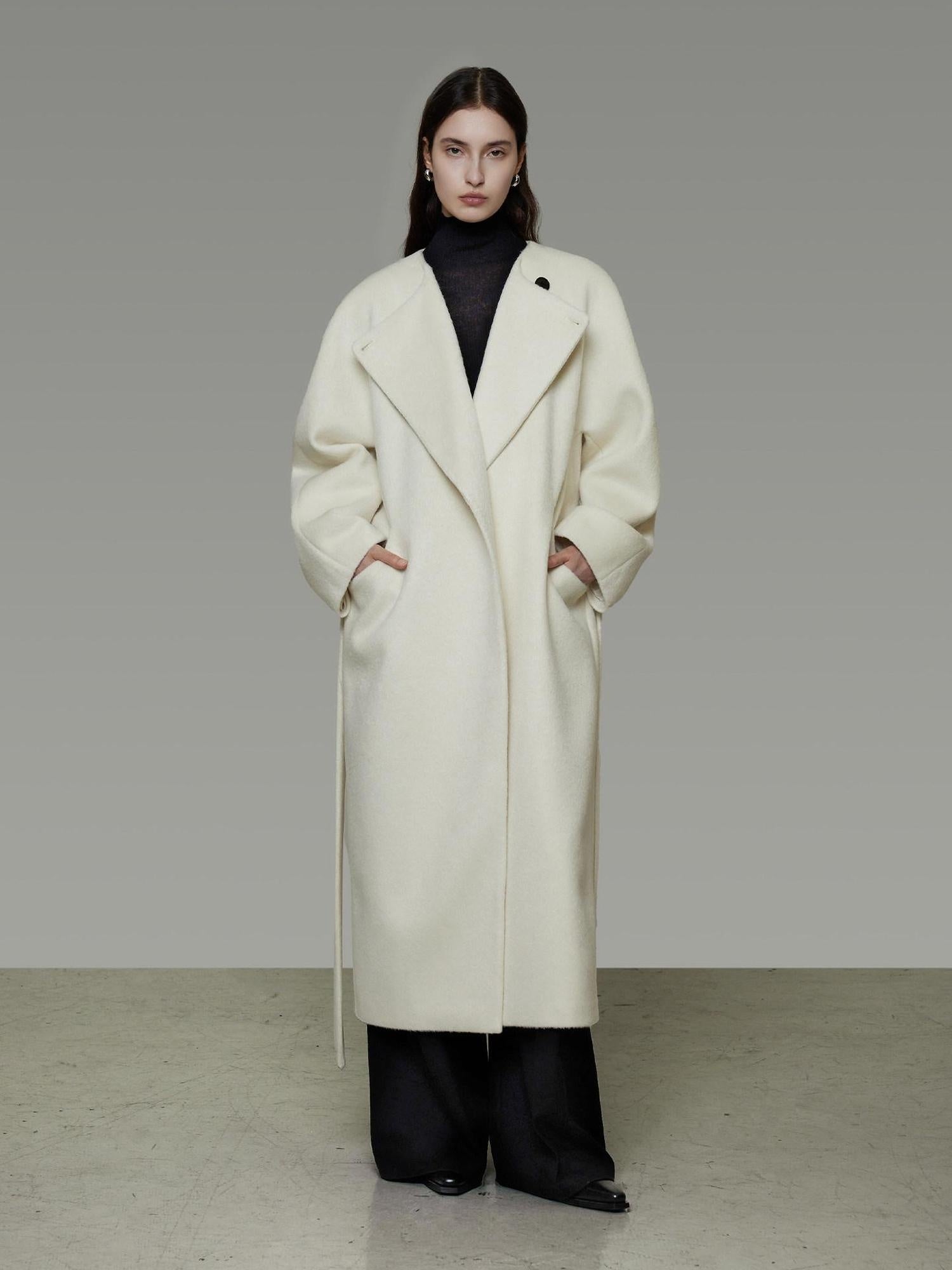 unspoken Lambswool Blend Tie Waist Oversized Commuter Longline White Wool Coats