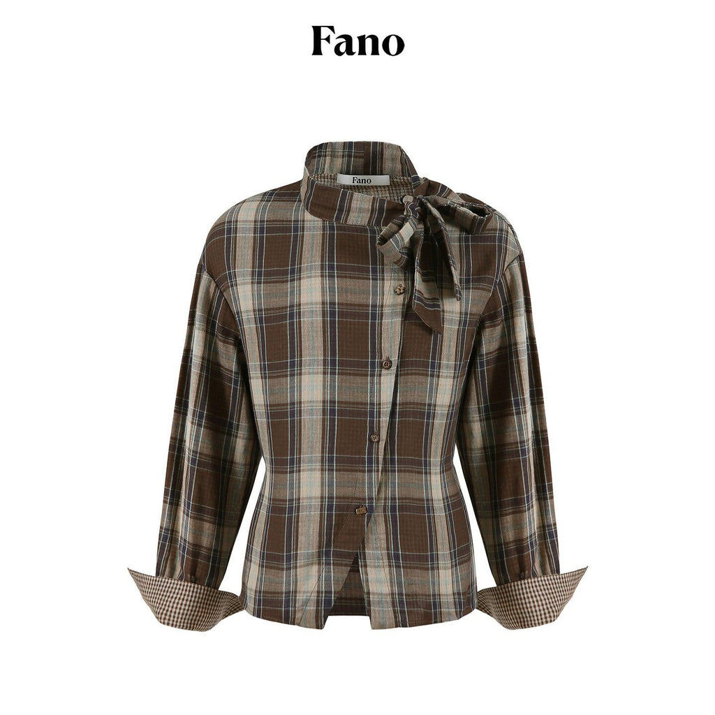 fano_Soft_Cotton_Tie_Bow_Plaid_Long_Sleeve_Stand_Collar_Office_Cardigan_Women_Blouses_MISSTT