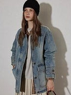 Lofi choose Cotton Colorblock Loose Fit Women Button Midlength Blue Denim Jackets