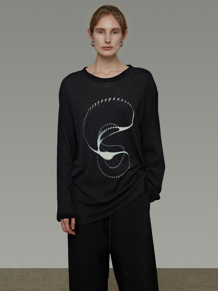 unspoken Lightweight Printed Minimalist Loose Round Neck Women Cream Pullover Sweaters