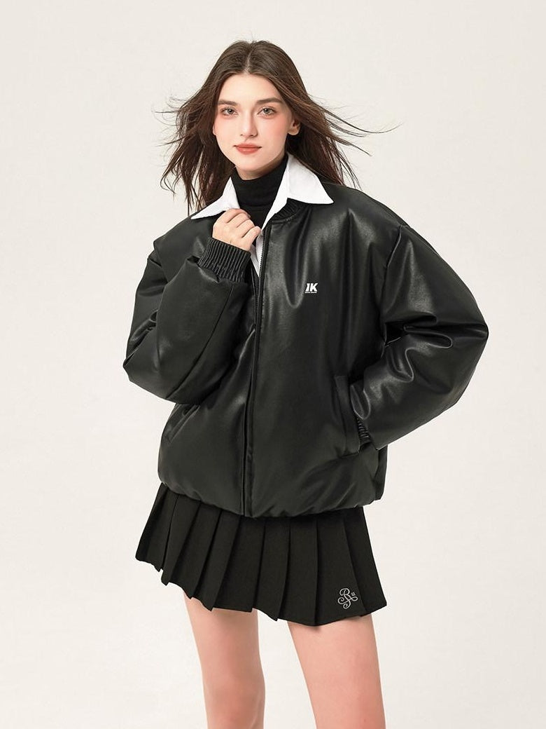 ikyou Thick Pu Minimal Commuter Straight Fit Stand Collar Black Leather Jackets