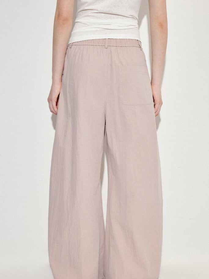 fano Pink Cotton Blend Drawstring Natural Waist Loose Korean Office Wide Leg Pants