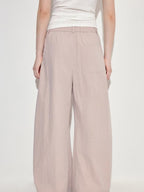 fano Pink Cotton Blend Drawstring Natural Waist Loose Korean Office Wide Leg Pants