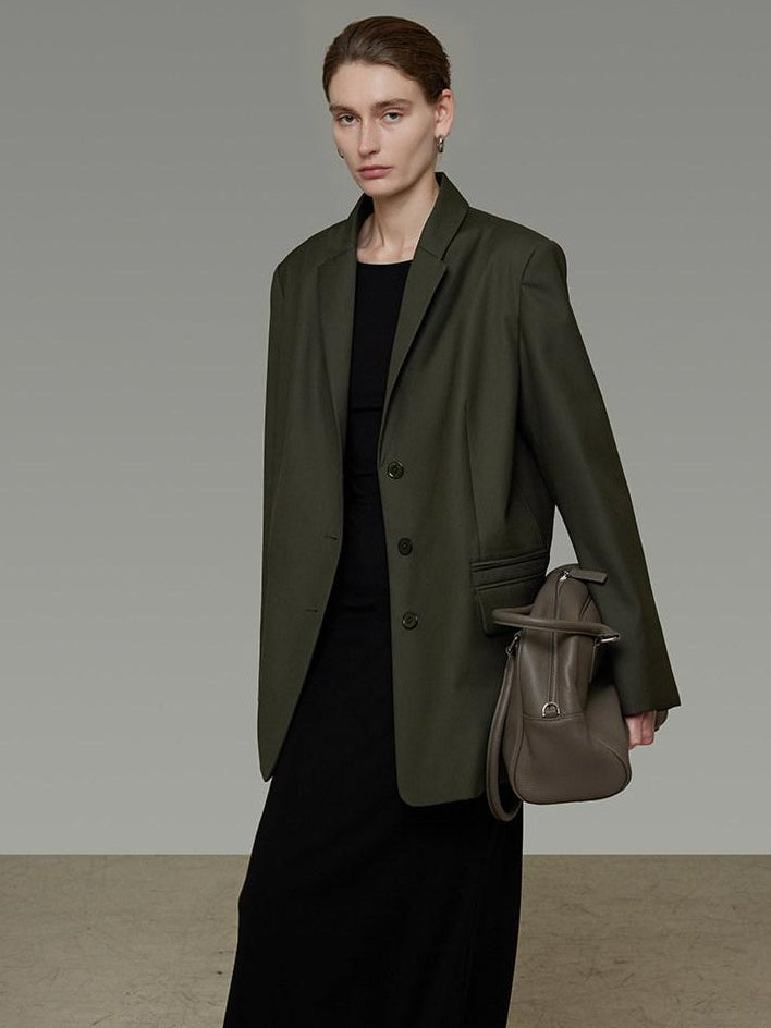 unspoken Breathable Dark Green Loose Lapel Blazer High Waist Casual Top & Skirt Sets