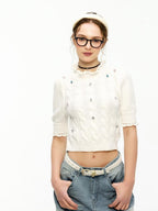 ikyou Rhinestone Lace Hollowout 3D Detail Minimal Commuter Slim Crop Knitwear Sweaters