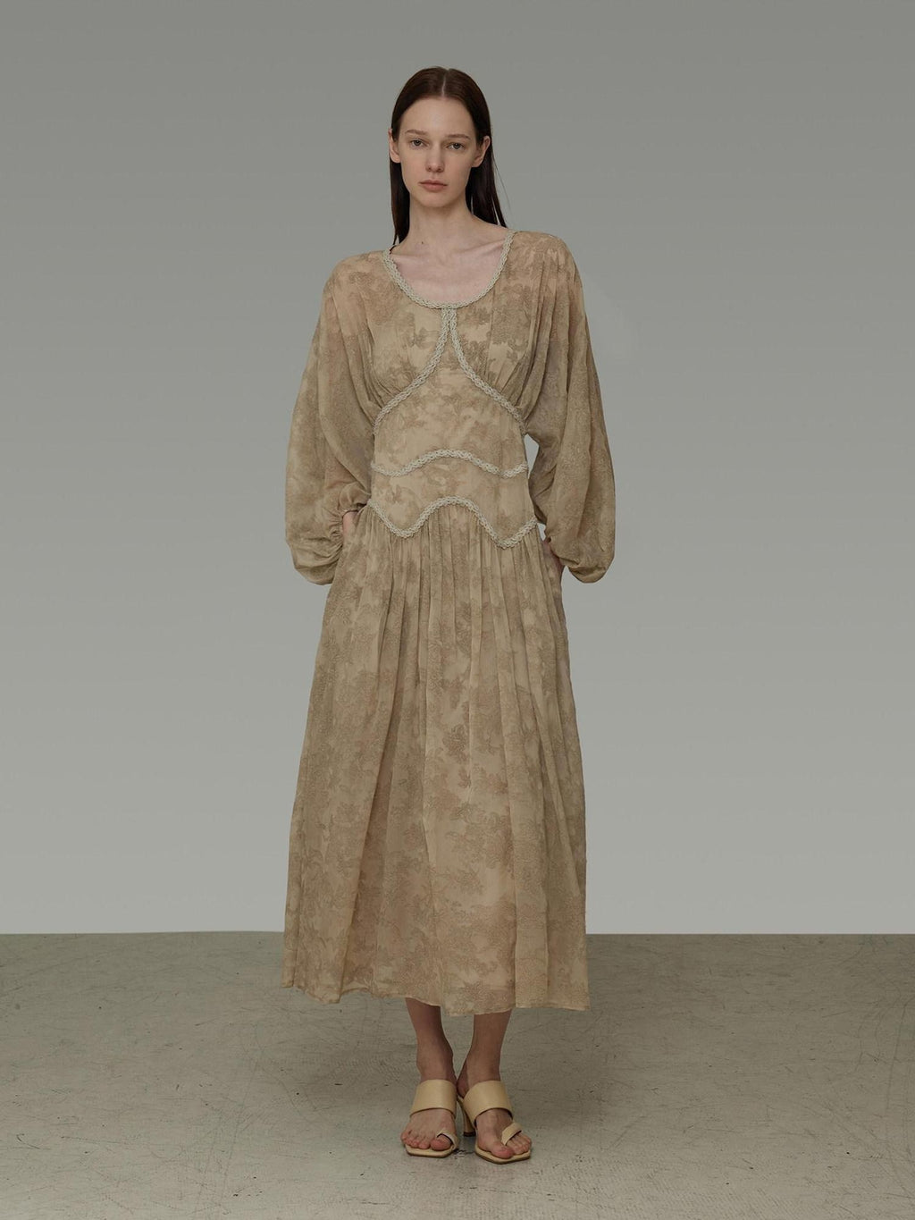 unspoken Casual Jacquard A Line Natural Waist Long Sleeve U Neck Khaki Women Maxi Dresses