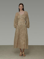 unspoken Casual Jacquard A Line Natural Waist Long Sleeve U Neck Khaki Women Maxi Dresses