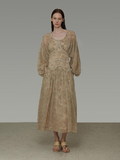 unspoken Casual Jacquard A Line Natural Waist Long Sleeve U Neck Khaki Women Maxi Dresses