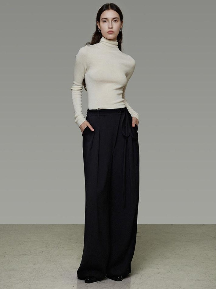 unspoken High Waist Tie Detail Minimalist Breathable Office Black Polyester Wide Leg Pants