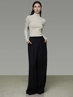 unspoken High Waist Tie Detail Minimalist Breathable Office Black Polyester Wide Leg Pants