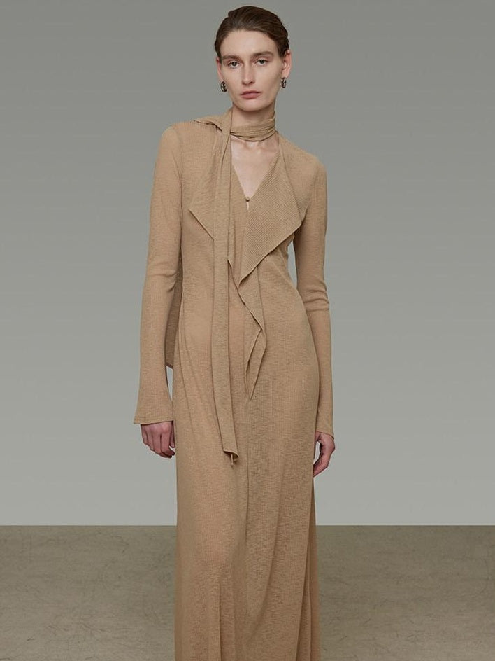 unspoken Breathable High Waist Sash V-neck Aline Longsleeve Office Polyester Maxi Dresses