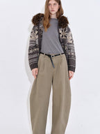 fano Breathable Cotton Khaki Natural Waist Casual Zipper Fly Women Wide Leg Pants