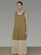 unspoken Khaki Beige Colorblock Sleeveless H Line Round Neck Loose Waist Maxi Dresses