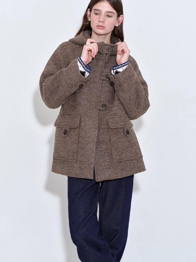 fano 75 Wool 25 Polyester Hooded Loose Fit Korean Commuter Brown Wool Coats