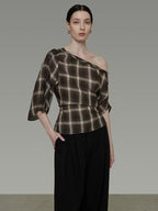 unspoken Breathable Viscose Slim Asymmetric Slant Neck Green Plaid Off Shoulder Crop Tops