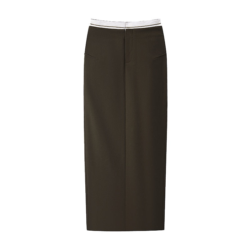 someonesometimes Pocketed Loose Blazer Workwear Women Green Coffee Acrylic Top & Skirt Sets