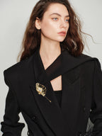 audreyyang Elegant Loose Fit Sash Double Breasted Notch Lapel Black Polyester Blazers