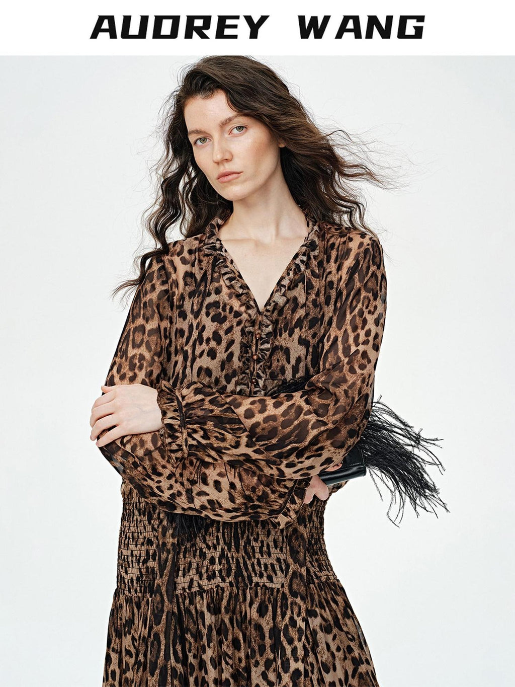 audreyyang Silk Blend Leopard Print A Line Fitted Waist Long Sleeve Vacation Maxi Dresses