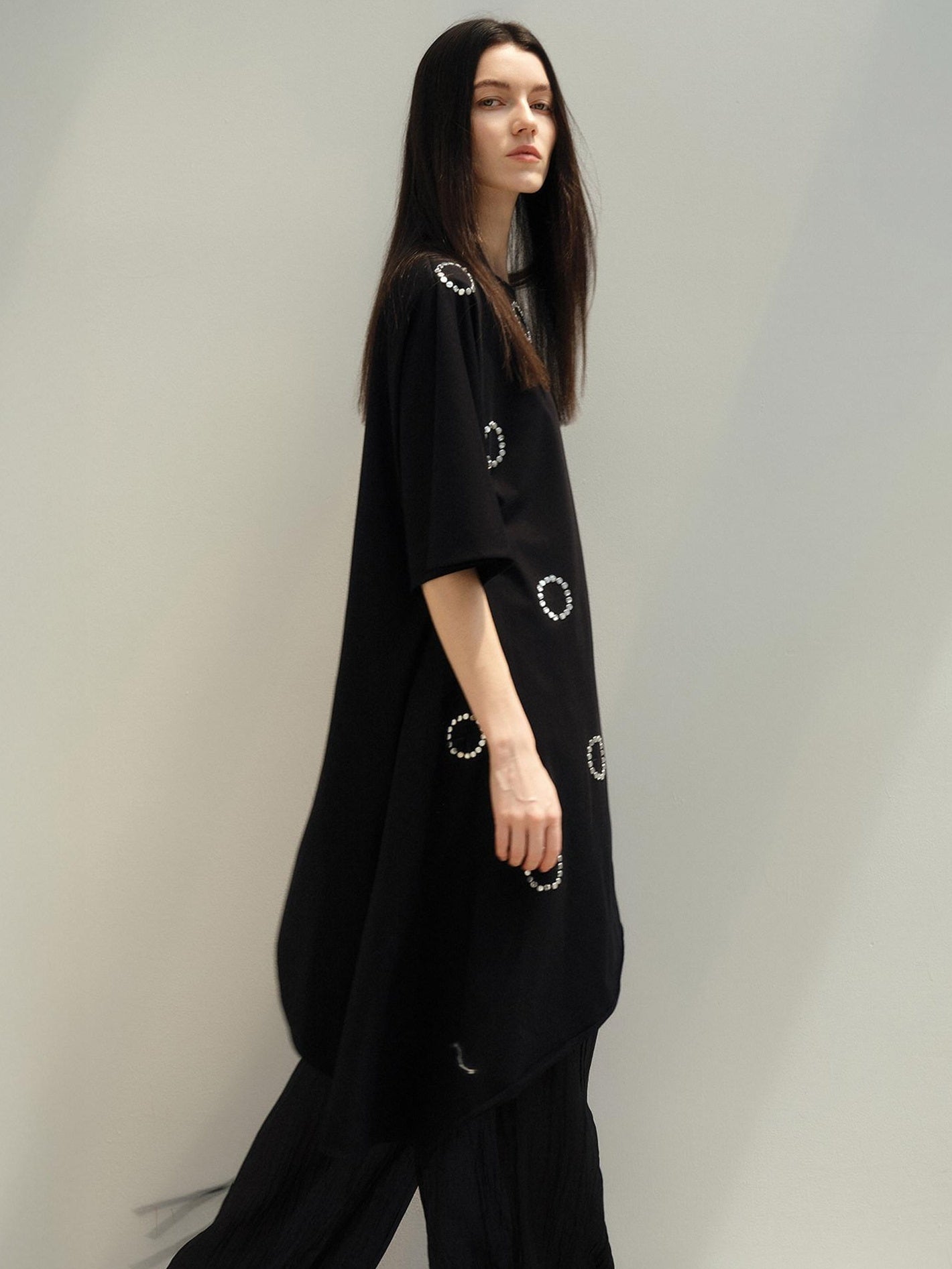 Rhinestone Asymmetric Loose Commuter Cotton Black Women Short Sleeve T-Shirts