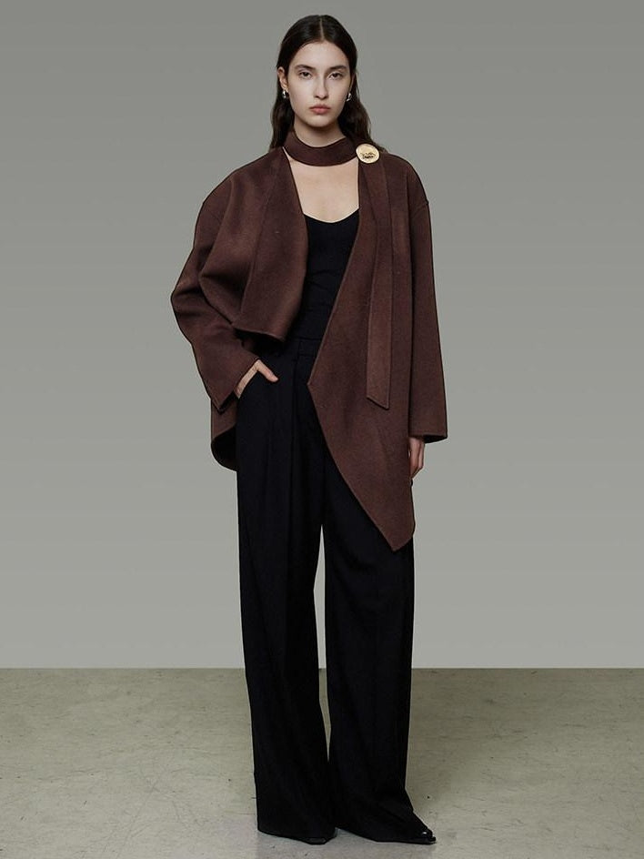 unspoken Pure Sheep Wool Lapel Collar Loose Fit 3D Cut Office Coffee Wool Coats