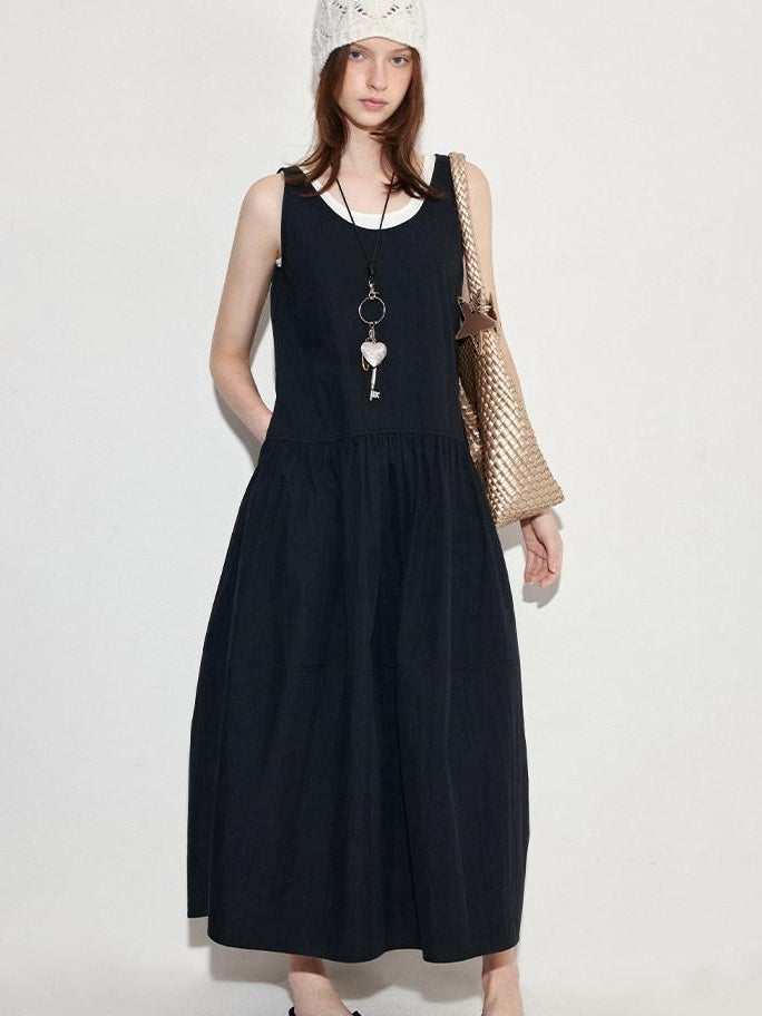 fano Black Cotton Blend A Line Sleeveless Round Neck Natural Waist Women Maxi Dresses