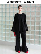 audreyyang Pleated Minimalist Office Loose Fit Bell Sleeve Women Black Polyester Blouses