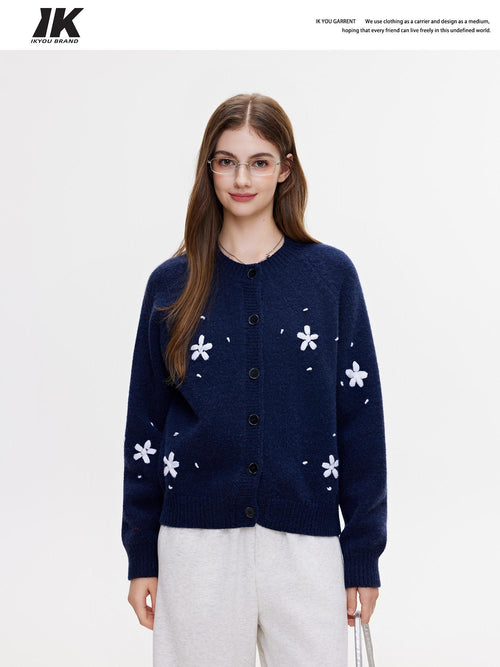 ikyou Cozy Thermal Knit Loose Fit Button Front Sweet Style Navy Women Cardigans