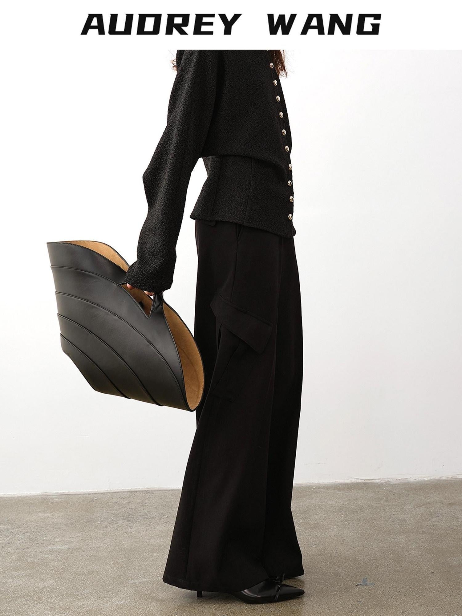 audreyyang High Waist Korean Workwear Black Polyester Viscose Wide Leg Pants