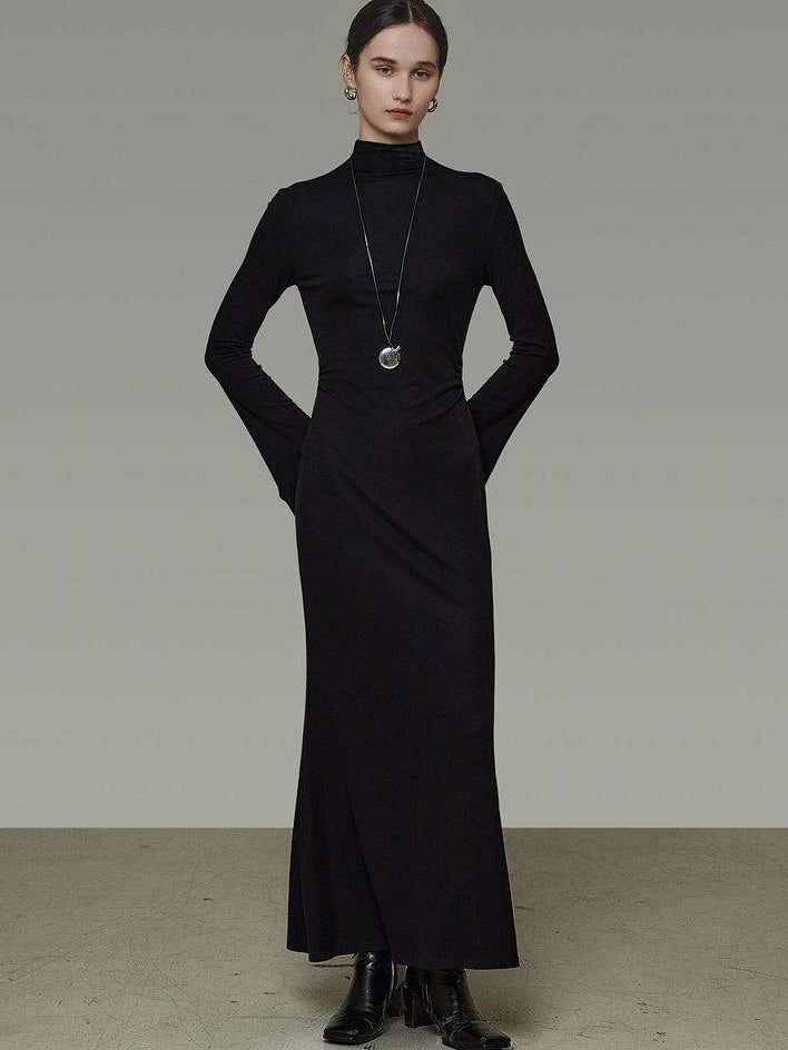 unspoken Soft Breathable Viscose Knit High Waist Aline Slim Black Maxi Dresses