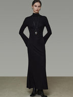 unspoken Soft Breathable Viscose Knit High Waist Aline Slim Black Maxi Dresses