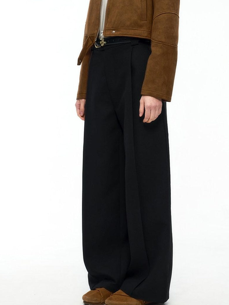 ikyou High Waist Straight Zipper Cotton Blend Commuter Black Wide Leg Pants