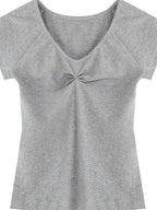 fano V-neck Drawstring Cotton Blend Minimal Straight Women Short Sleeve T-Shirts