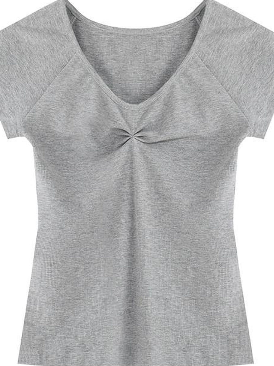 fano V-neck Drawstring Cotton Blend Minimal Straight Women Short Sleeve T-Shirts