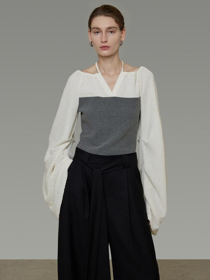 unspoken Breathable Cotton Contrast V-neck Loose Longsleeve Tie Front Women Blouses