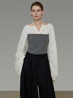 unspoken Breathable Cotton Contrast V-neck Loose Longsleeve Tie Front Women Blouses