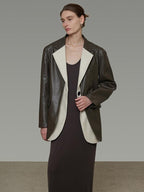 unspoken Soft Viscose Blazer Collar Relaxed Fit Commuter Women Brown Leather Jackets