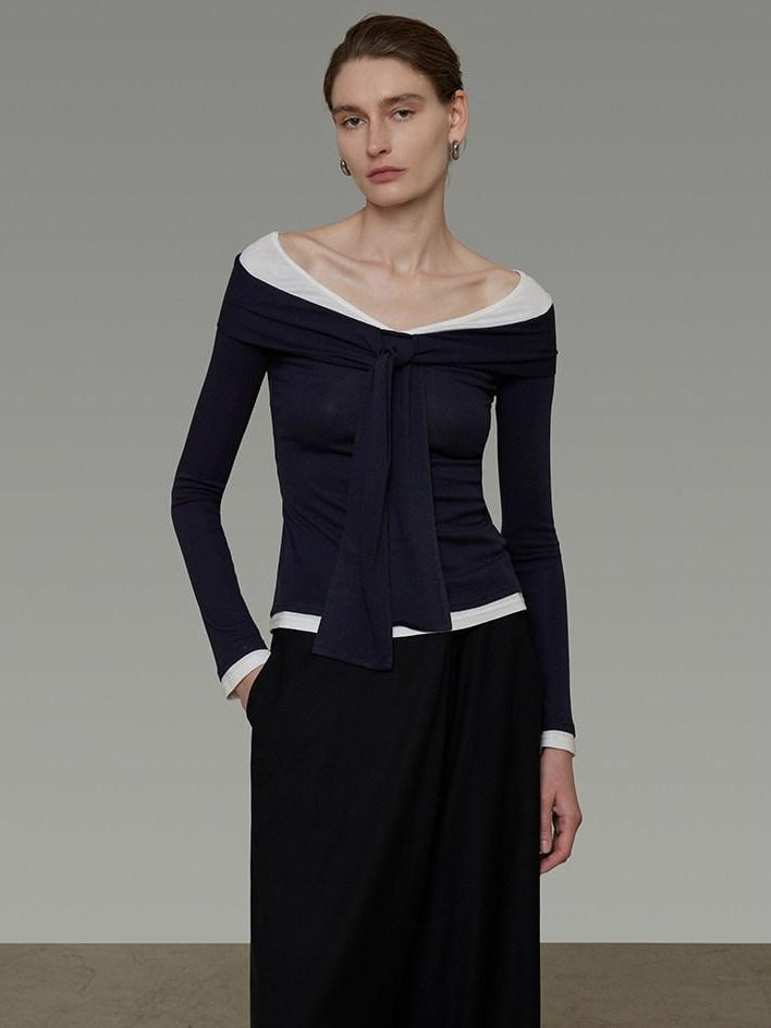 unspoken Slim Colorblock One Shoulder V-neck Casual Knitted Pullover Women Blouses