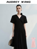 audreyyang Refined Solid V-neck Natural Waist Short Sleeve Casual Polyester Maxi Dresses