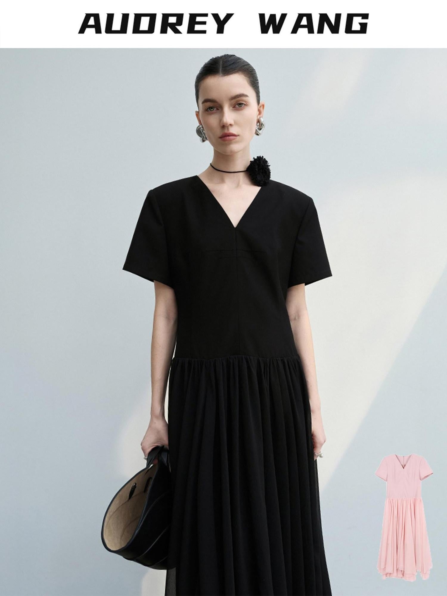 audreyyang Refined Solid V-neck Natural Waist Short Sleeve Casual Polyester Maxi Dresses