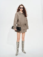 audreyyang Ruched Cotton Mid Length Zip Elastic Hem Long Sleeve Women Gray Cropped Jackets