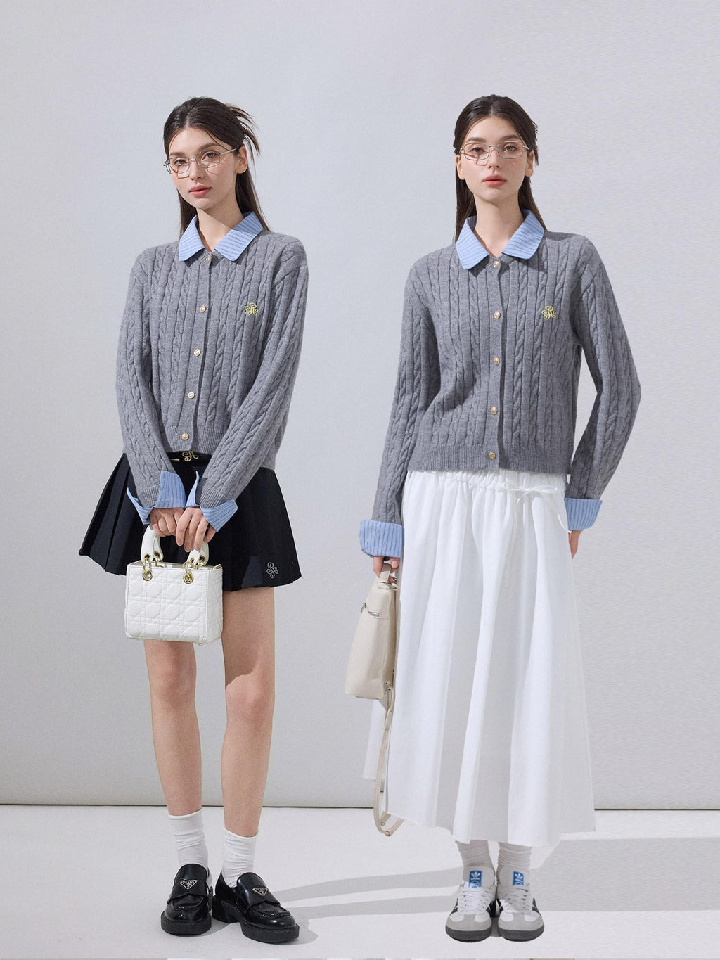 ikyou Soft Preppy Slim Faux Layer Women Casual Long Sleeve Crewneck Grey Cardigans