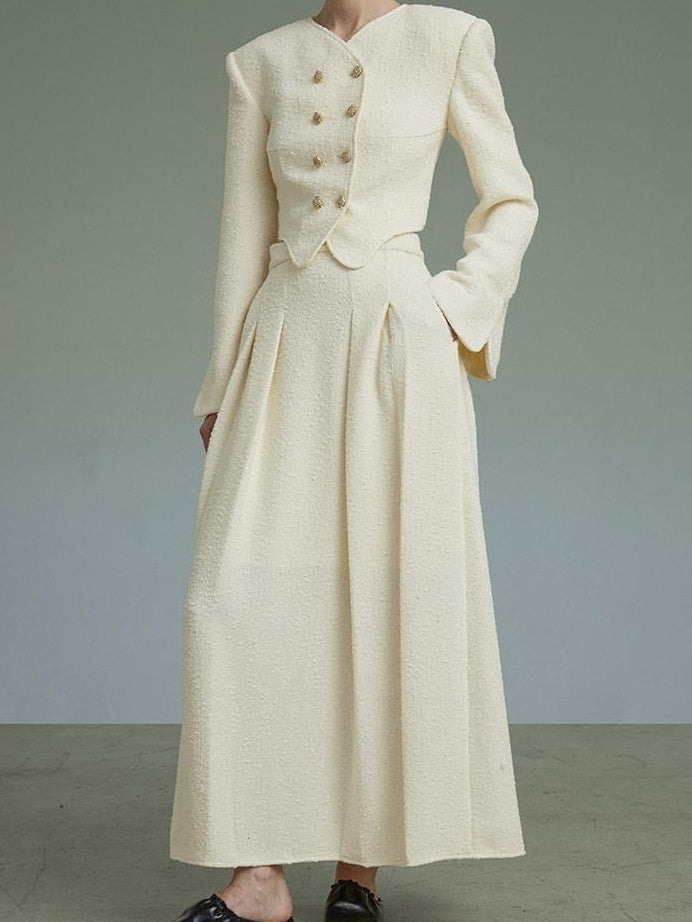 unspoken Original Design Double Breasted Cream Straight Fit Long Sleeve Top & Skirt Sets
