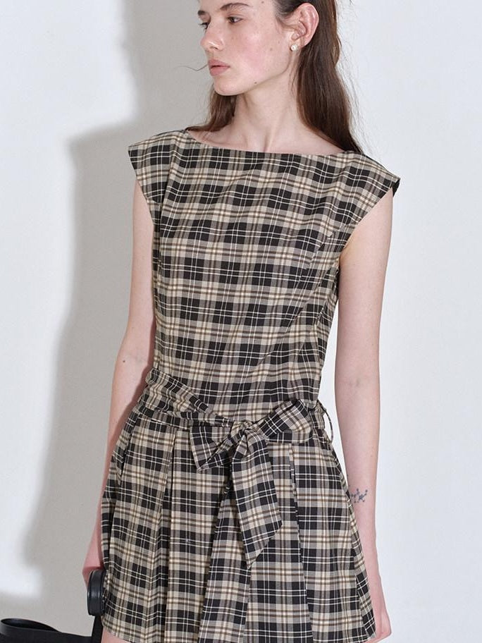 fano Plaid Sleeveless H Line Natural Waist Office Dress For Women Midi Dresses