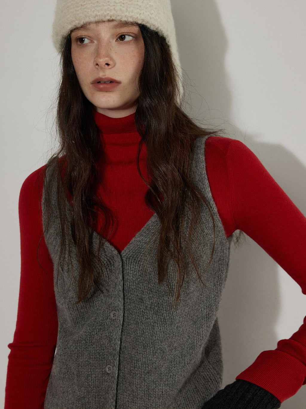 Lofi choose Pure Wool V-neck Cropped Button Front Office Sleeveless Knit Women Vests
