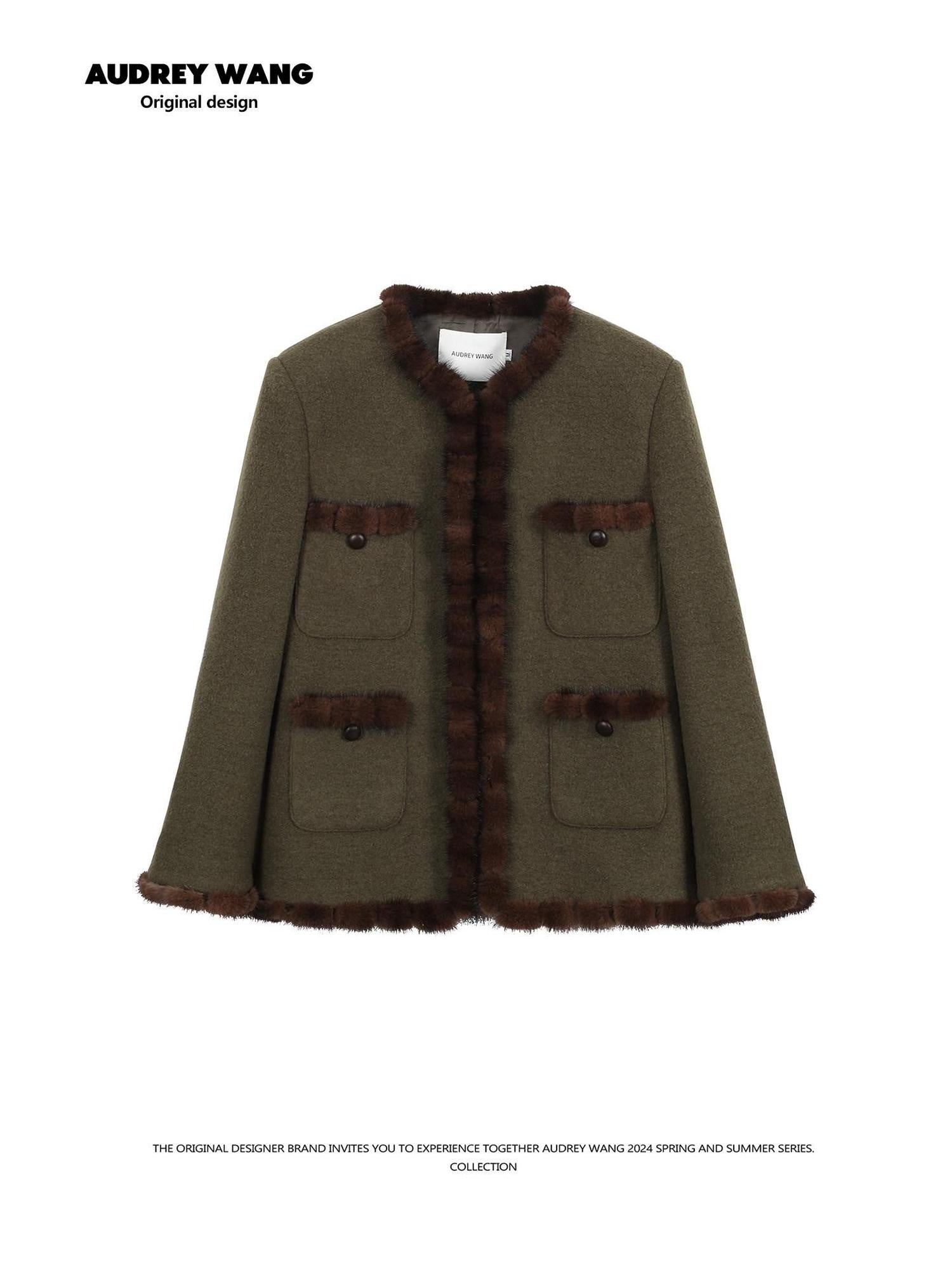 audreyyang Insulated Loose Fit Hooded Wool Blend Hidden Button Beech Green Cropped Jackets