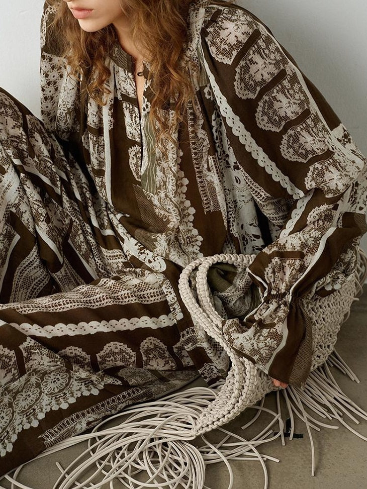 audreyyang Sustainable Viscose Ramie Printed Loose V-neck Long Sleeve Women Blouses